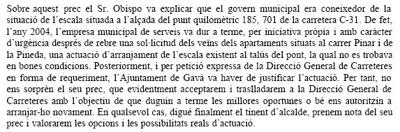 Resposta de l'Equip de Govern Municipal de l'Ajuntament de Gav&agrave; al prec de CiU i de C's sol&middot;licitant la millora de les escales del pont de l'avinguda del mar de Gav&agrave; Mar (27 de novembre de 2008)